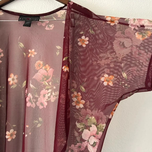 Mesh Kimono Floral Knit Wine Rose Relaxed Sheer Boho Size Large Polly & Esther - Picture 4 of 12